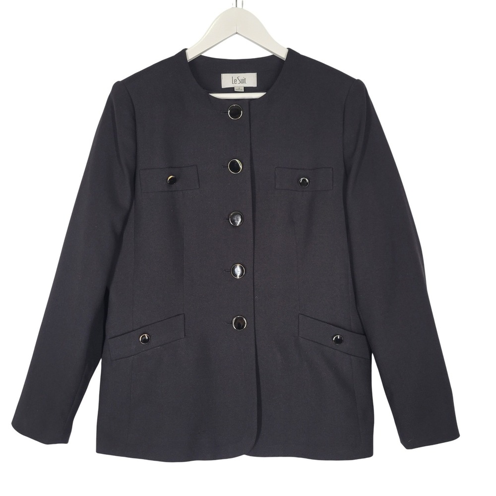 Le Suit Black Collarless Button Front Blazer Jacket Size 12 Office Minimal